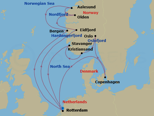 14 Night - Norwegian Fjords & Copenhagen - Rotterdam - Starting in Rotterdam, the Netherlands, Eidfjord, Norway, Scenic cruising Hardangerfjord, Olden, Norway, Scenic Cruising Nordfjord, Alesund, Norway, Bergen, Norway, Rotterdam, the Netherlands, Copenhagen, Denmark, Scenic cruising Oslofjord, Oslo, Norway, Kristiansand, Norway, Stavanger, Norway, Rotterdam, the Netherlands itinerary map