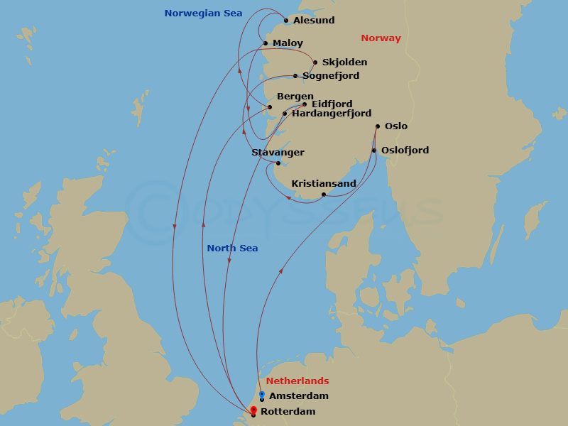 HAL Rotterdam - 14 Night - Norwegian Fjords & Oslofjord - HAL Rotterdam - Starting in Amsterdam, the Netherlands, Scenic cruising Oslofjord, Oslo, Norway, Kristiansand, Norwa.. itinerary map