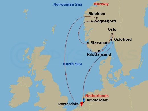 HAL Rotterdam - 7 Night - Norwegian Fjords & Sognefjord - HAL Rotterdam - Starting in Amsterdam, the Netherlands, Scenic cruising Oslofjord, Oslo, Norway, Kristiansand, Norwa.. itinerary map
