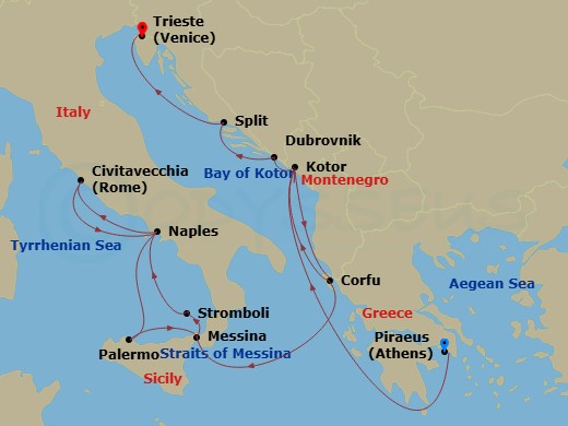 HAL Oosterdam - 17 Night - Adriatic Splendor : Amalfi Coast with History Channel - HAL Oosterdam - Starting in Piraeus (Athens), Greece, Kotor, Montenegro, Scenic cruising Ba.. itinerary map