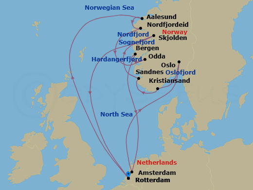 14 Night - Norwegian Fjords & Sognefjord - Rotterdam - Starting in Rotterdam, the Netherlands, Alesund, Norway, Nordfjordeid, Norway, Scenic Cruising Nordfjord, Scenic cruising Hardangerfjord, Odda, Norway, Bergen, Norway, Amsterdam, the Netherlands, Scenic cruising Oslofjord, Oslo, Norway, Kristiansand, Norway, Sandnes (Stavanger), Norway, Scenic cruising Sognefjord, Skjolden, Norway, Rotterdam, the Netherlands itinerary map