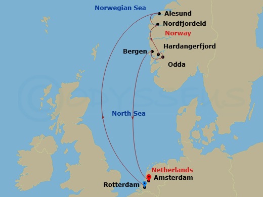 HAL Rotterdam - 7 Night - Norwegian Fjords with Nordfjord - HAL Rotterdam - Starting in Rotterdam, the Netherlands, Alesund, Norway, Nordfjordeid, Norway, Scenic Cruising Nor.. itinerary map