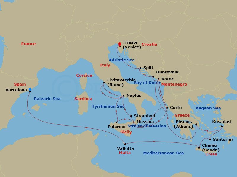 HAL Oosterdam - 24 Night - Greek Isles, Malta & Croatia with History Channel - HAL Oosterdam - Starting in Barcelona, Spain, Valletta, Malta, Souda (Chania), Greece, Thira (S.. itinerary map