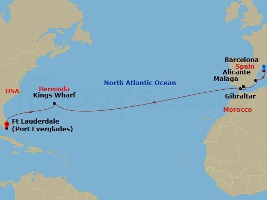 HAL Oosterdam - 14 Night - Cultural Crossing with Andalusia & Bermuda - HAL Oosterdam - Starting in Barcelona, Spain, Alicante, Spain, Malaga, Spain, Gibraltar, Kings Wharf,.. itinerary map