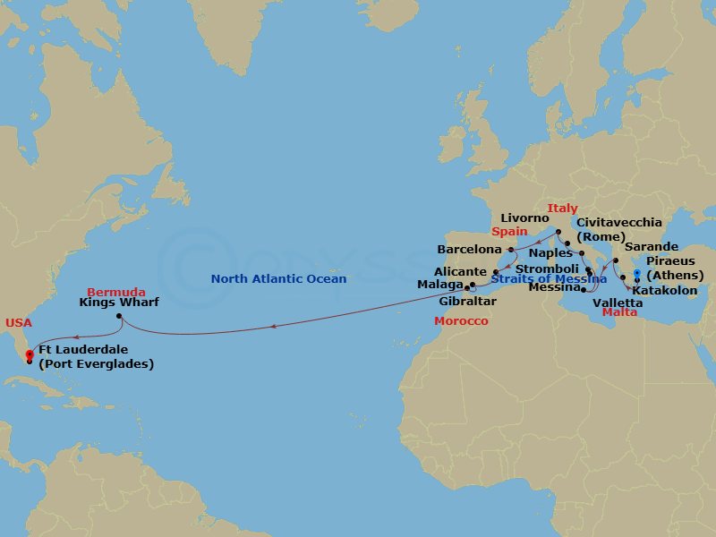HAL Oosterdam - 24 Night - Mediterranean Crossing : Rome, Andalusia & Bermuda - HAL Oosterdam - Starting in Piraeus (Athens), Greece, Katakolon (Olympia), Greece, Sarande, Al.. itinerary map
