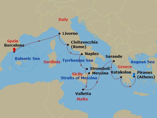 HAL Oosterdam - 10 Night - Mediterranean Splendor : Rome Evening Stay - HAL Oosterdam - Starting in Piraeus (Athens), Greece, Katakolon (Olympia), Greece, Sarande, Albania, V.. itinerary map
