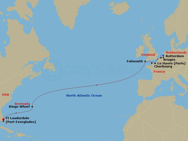 HAL Rotterdam - 14 Night - Cultural Crossing with Paris & Normandy - HAL Rotterdam - Starting in Rotterdam, the Netherlands, Zeebrugge (Brussels), Belgium, Le Havre (Paris),.. itinerary map