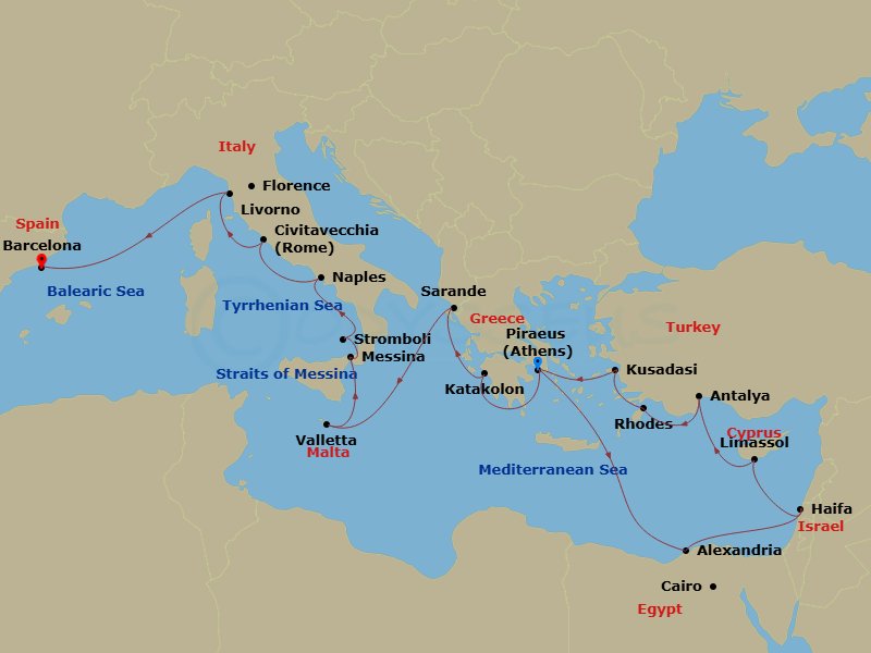 HAL Oosterdam - 21 Night - Greek Isles with Egypt & Rome Evening Stay - HAL Oosterdam - Starting in Piraeus (Athens), Greece, Alexandria EG (Cairo), Egypt, Haifa (Tel Aviv),.. itinerary map