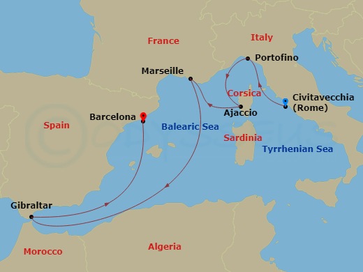 HAL Oosterdam - 7 Night - Western Mediterranean with History Channel - HAL Oosterdam - Starting in Civitavecchia (Rome), Italy, Portofino, Italy, Ajaccio, Corsica, France, Ma.. itinerary map