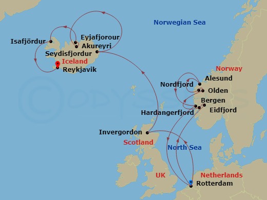 HAL Rotterdam - 14 Night - Fjords of Norway & Iceland - HAL Rotterdam - Starting in Rotterdam, the Netherlands, Eidfjord, Norway, Scenic cruising Hardangerfjord, Olden, Norwa.. itinerary map