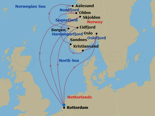 14 Night - Norwegian Fjords & Nordfjord - Rotterdam - Starting in Rotterdam, the Netherlands, Scenic cruising Oslofjord, Oslo, Norway, Kristiansand, Norway, Sandnes (Stavanger), Norway, Scenic cruising Sognefjord, Skjolden, Norway, Rotterdam, the Netherlands, Eidfjord, Norway, Scenic cruising Hardangerfjord, Olden, Norway, Scenic Cruising Nordfjord, Alesund, Norway, Bergen, Norway, Rotterdam, the Netherlands itinerary map