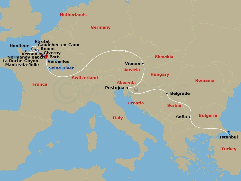 S.S. Joie de Vivre Cruise Tours - 14 Night - Cruise & Rail : Istanbul to Paris - S.S. Joie de Vivre Cruise Tours - Starting in Istanbul, Sofia, Belgrade, Postojna, Vienna, Vienna, Champagne, P.. itinerary map