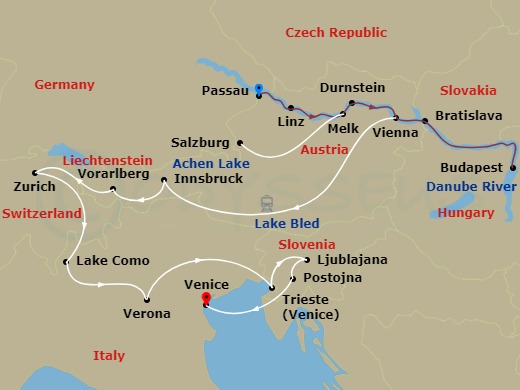 S.S. Maria Theresa Cruise Tours - 14 Night - Cruise & Rail : Grand Alpine & the Enchanting Danube - S.S. Maria Theresa Cruise Tours - Starting in Passau, Linz (Salzburg), Melk / Durnstein, Vie.. itinerary map