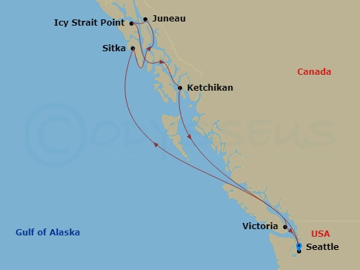 11 Night - Bliss Denali Explorer - Pre Cruisetour - Norwegian Bliss Tours - Starting in At Hotel, Seattle, Wa, Sitka, Ak, Juneau, Ak, Icy Strait Point, Ak, Ketchikan (Ward Cove), Ak, Victoria CA, Canada, Seattle, Wa itinerary map