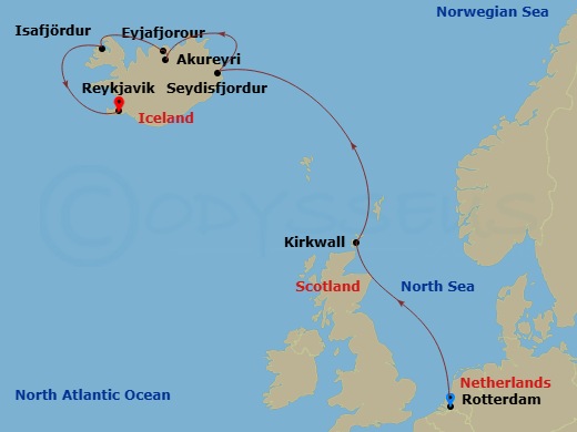 HAL Rotterdam - 7 Night - Icelandic Fjords & Orkney Islands - HAL Rotterdam - Starting in Rotterdam, the Netherlands, Kirkwall, Scotland, United Kingdom, Seydisfjordur, Icela.. itinerary map