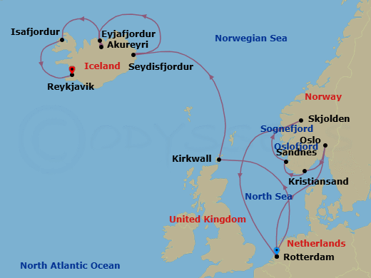 14 Night - Fjords of Norway & Iceland - Rotterdam - Starting in Rotterdam, the Netherlands, Scenic cruising Oslofjord, Oslo, Norway, Kristiansand, Norway, Sandnes (Stavanger), Norway, Scenic cruising Sognefjord, Skjolden, Norway, Rotterdam, the Netherlands, Kirkwall, Scotland, United Kingdom, Seydisfjordur, Iceland, Scenic cruising Seydisfjordur, Akureyri, Iceland, Scenic cruising Eyjafjordur, Isafjordur, Iceland, Scenic Cruising Isafjardurdjur, Reykjavik, Iceland itinerary map