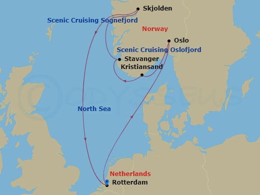 HAL Rotterdam - 7 Night - Norwegian Fjords & Sognefjord - HAL Rotterdam - Starting in Rotterdam, the Netherlands, Scenic cruising Oslofjord, Oslo, Norway, Kristiansand, Norwa.. itinerary map