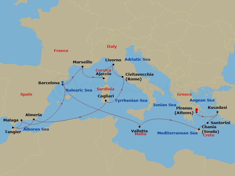 HAL Oosterdam - 18 Night - Spain, Italy & Greek Isles with History Channel - HAL Oosterdam - Starting in Barcelona, Spain, Malaga, Spain, Cruising Strait of Gibraltar, Tangie.. itinerary map
