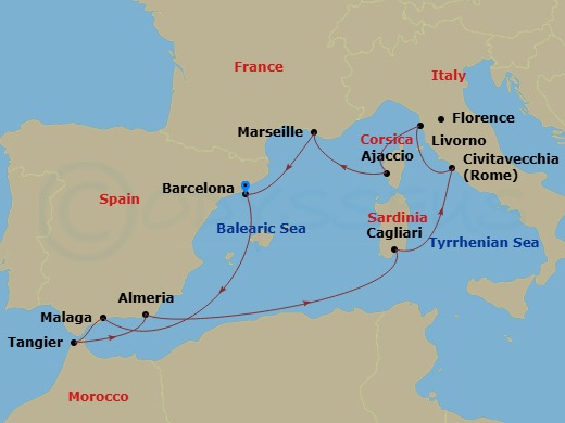 HAL Oosterdam - 11 Night - Western Mediterranean : Spain, Italy & France - HAL Oosterdam - Starting in Barcelona, Spain, Malaga, Spain, Cruising Strait of Gibraltar, Tangier,.. itinerary map