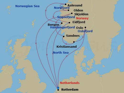 14 Night - Norwegian Fjords & Sognefjord - Rotterdam - Starting in Rotterdam, the Netherlands, Eidfjord, Norway, Scenic cruising Hardangerfjord, Olden, Norway, Scenic Cruising Nordfjord, Alesund, Norway, Bergen, Norway, Rotterdam, the Netherlands, Scenic cruising Oslofjord, Oslo, Norway, Kristiansand, Norway, Sandnes (Stavanger), Norway, Scenic cruising Sognefjord, Skjolden, Norway, Rotterdam, the Netherlands itinerary map