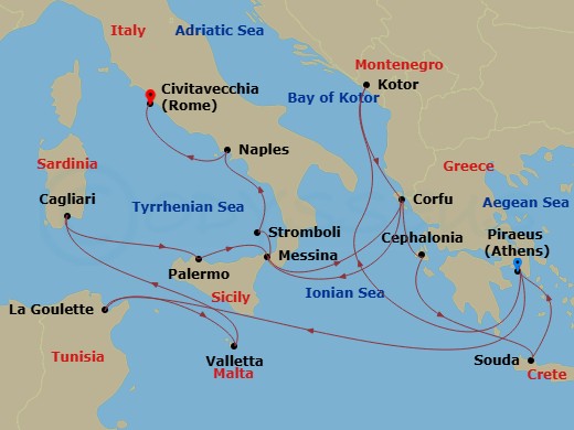 21 Night - Mediterranean Solar Eclipse - Oosterdam - Starting in Piraeus (Athens), Greece, La Goulette (Tunis), Tunisia, Valletta, Malta, Cagliari, Sardinia, Italy, Palermo, Sicily, Italy, Messina, Italy, Kerkira, (Corfu), Greece, Argostoli, Cephalonia, Greece, Souda (Chania), Greece, Piraeus (Athens), Greece, Kotor, Montenegro, Scenic cruising Bay of Kotor, Kerkira, (Corfu), Greece, Messina, Italy, Cruising Strait of Messina, Evening cruising Stromboli Volcano, Naples (Pompeii / Amalfi), Italy, Civitavecchia (Rome), Italy itinerary map