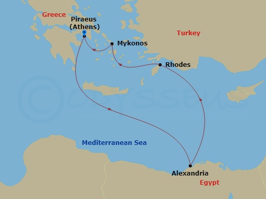 HAL Oosterdam - 7 Night - Mediterranean : Greece to Egypt - HAL Oosterdam - Starting in Piraeus (Athens), Greece, Alexandria EG (Cairo), Egypt, Rhodes, Greece, Mykonos, Greec.. itinerary map