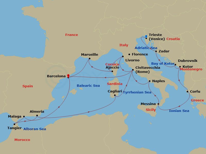 HAL Oosterdam - 21 Night - Adriatic & Western Mediterranean : Italy & Spain - HAL Oosterdam - Starting in Trieste (Venice), Italy, Zadar, Croatia, Dubrovnik, Croatia, Kotor,.. itinerary map