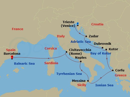HAL Oosterdam - 10 Night - Adriatic Splendor : Croatia & Italy - HAL Oosterdam - Starting in Trieste (Venice), Italy, Zadar, Croatia, Dubrovnik, Croatia, Kotor, Montenegro, S.. itinerary map