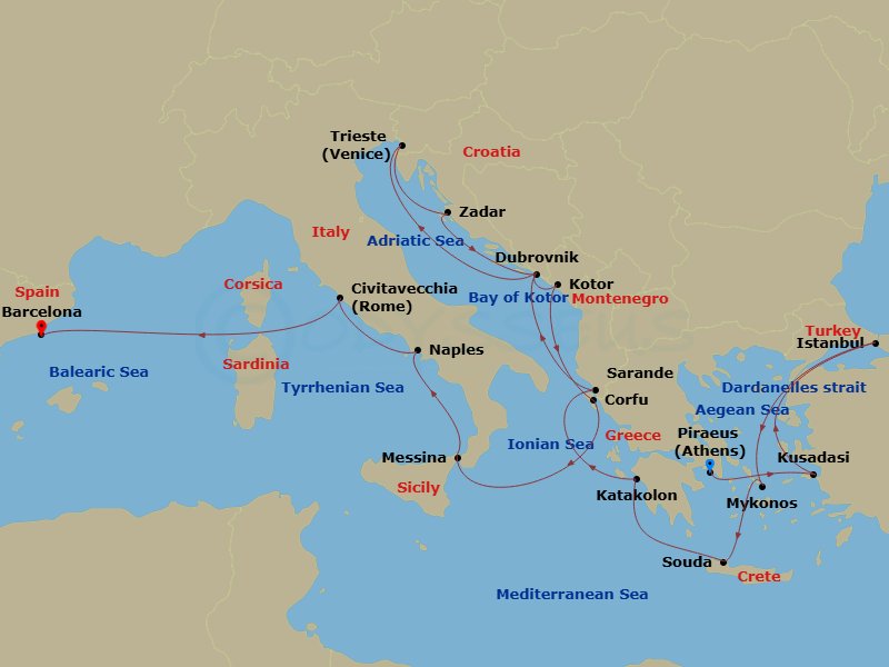 HAL Oosterdam - 21 Night - Greek Isles with Istanbul, Dubrovnik, Italy & Spain - HAL Oosterdam - Starting in Piraeus (Athens), Greece, Kusadasi (Ephesus), Turkey, Cruising th.. itinerary map