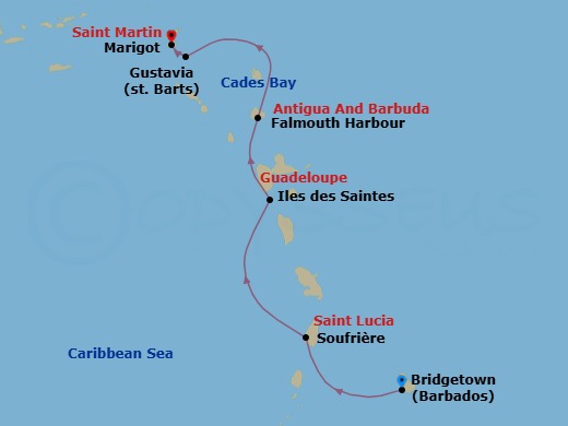 6 Night - Caribbean Sojourn - Emerald Azzurra - Starting in Bridgetown, Barbados, Soufriere, Saint Lucia, Iles des Saintes, Guadeloupe, Falmouth Harbour, Antigua and Barbuda, Cades Bay, Saint Kitts and Nevis, Gustavia, Saint Barthelemy, Marigot, Saint Martin itinerary map