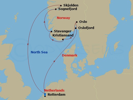 HAL Rotterdam - 7 Night - Norwegian Fjords & Sognefjord - HAL Rotterdam - Starting in Rotterdam, the Netherlands, Scenic cruising Oslofjord, Oslo, Norway, Mandal (Kristiansan.. itinerary map