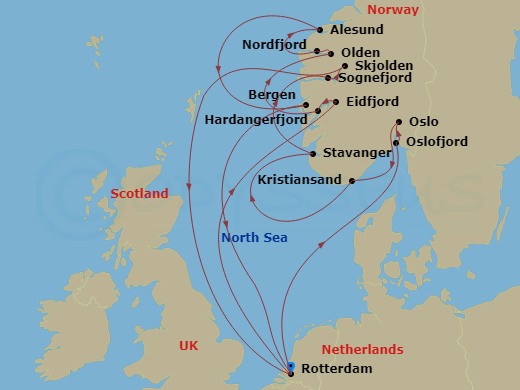 HAL Rotterdam - 14 Night - Norwegian Fjords & Nordfjord - HAL Rotterdam - Starting in Rotterdam, the Netherlands, Scenic cruising Oslofjord, Oslo, Norway, Mandal (Kristiansan.. itinerary map