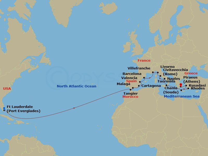 HAL Oosterdam - 25 Night - Mediterranean Crossing : Spain & Italy - HAL Oosterdam - Starting in Fort Lauderdale, Florida, Tangier, Morocco, Malaga, Spain, Cartagena ES, Valen.. itinerary map
