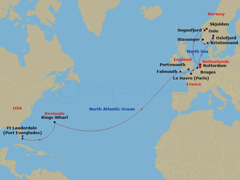 HAL Rotterdam - 22 Night - Norwegian Fjords Crossing with History Channel - HAL Rotterdam - Starting in Fort Lauderdale, Florida, Kings Wharf, Bermuda, Falmouth, England, Uni.. itinerary map