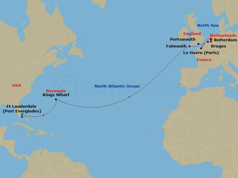 HAL Rotterdam - 15 Night - Cultural Crossing with England, Paris & Brugge - HAL Rotterdam - Starting in Fort Lauderdale, Florida, Kings Wharf, Bermuda, Falmouth, England, Uni.. itinerary map