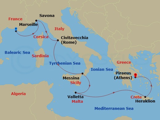 Costa Fortuna - 7 Night - Eastern Mediterranean from Marseille - Costa Fortuna - Starting in Marseille, Savona, Civitavecchia, Messina, Malta / La Valletta, Heraklion, Athens.. itinerary map