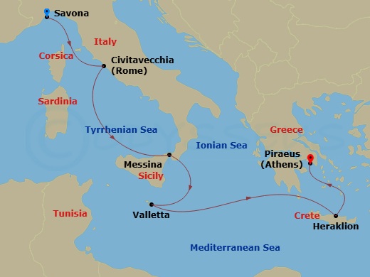 Costa Fortuna - 6 Night - Eastern Mediterranean from Savona - Costa Fortuna - Starting in Savona, Civitavecchia, Messina, Malta / La Valletta, Heraklion, Athens (Piraeus) itinerary map