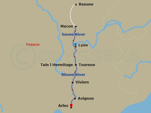 S.S. Catherine - 7 Night - Burgundy & Provence - S.S. Catherine - Starting in Lyon, Macon (Beaune), Tain-lHermitage (Tournon), Viviers, Avignon, Arles itinerary map