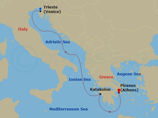 MSC Fantasia - 3 Night - Mediterranean - MSC Fantasia - Starting in Trieste (Venice), Italy, Katakolon (Olympia), Greece, Piraeus (Athens), Greece itinerary map