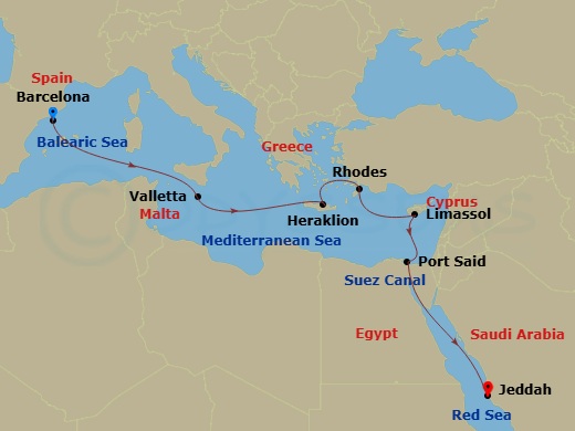 EXPLORA I - 11 Night - A Grand Journey of Maritime Majesty & Middle Eastern Soul - EXPLORA I - Starting in Barcelona, La Valletta, Heraklion, Crete, Rhodes, Limassol, Por.. itinerary map