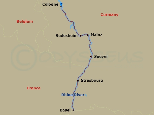 MS Amadeus Aurea - 7 Night - New Year's Eve Cruise On the Rhine - MS Amadeus Aurea - Starting in Cologne, Mainz, Strasbourg, Basel, Speyer, Rudesheim, Cologne itinerary map