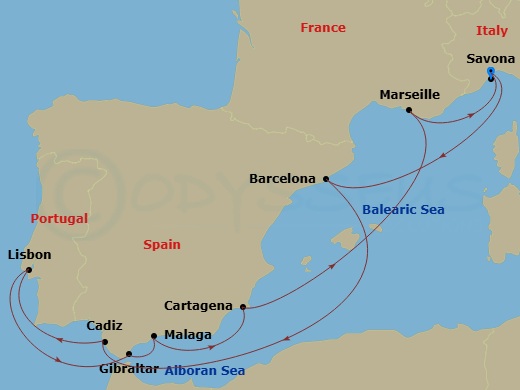 Costa Diadema - 11 Night - Western Mediterranean from Savona - Costa Diadema - Starting in Savona, Barcelona, Cadice, Lisbon, Gibraltar, Malaga, Cartagena ES, Spain, Marseill.. itinerary map