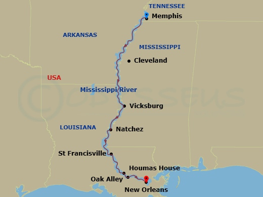 American Serenade - 8 Night - Lower Mississippi River Cruise - American Serenade - Starting in Memphis, TN, Cruising the Lower Mississippi River, Cleveland, MS, Vicksburg, MS, Na.. itinerary map
