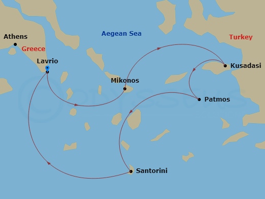 Celestyal Discovery - 3 Night - Iconic Greek Islands - (Mar & Nov) - Celestyal Discovery - Starting in Lavrion, Athens, Mykonos, Kusadasi, Patmos, Santorini, Lavrion, Athens itinerary map