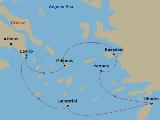 Celestyal Discovery - 4 Night - Iconic Greek Islands - (Mar & Nov) - Celestyal Discovery - Starting in Lavrion, Athens, Mykonos, Kusadasi, Patmos, Rhodes, Santorini, Lavrion, Athens itinerary map