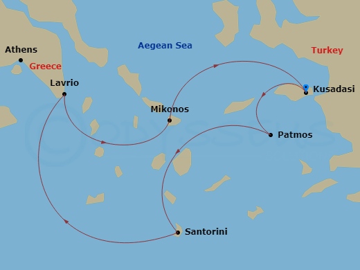 Celestyal Discovery - 3 Night - Iconic Greek Islands - (Mar & Nov) - Celestyal Discovery - Starting in Kusadasi, Patmos, Santorini, Lavrion, Athens, Mykonos, Kusadasi itinerary map