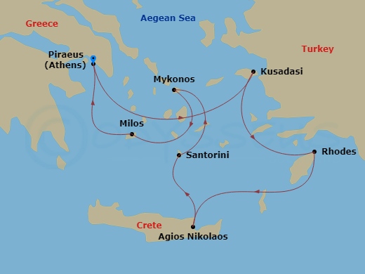 Celestyal Journey - 7 Night - Idyllic Greece - Celestyal Journey - Starting in Piraeus, Athens, Kusadasi, Rhodes, Agios Nikolaos, Crete, Santorini, Mykonos, Milos, Piraeus, Athens itinerary map