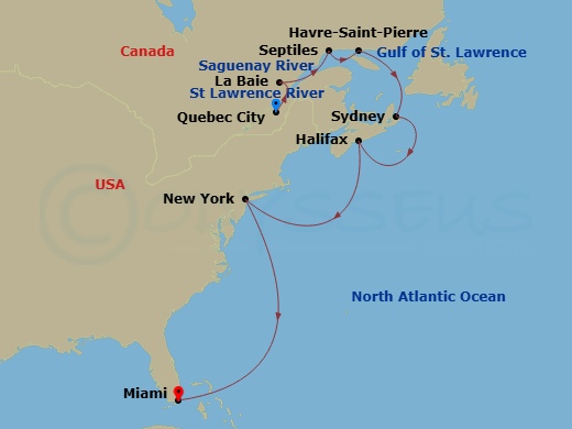 EXPLORA IV - 11 Night - A Journey from Forested Shores to Glittering Horizons - EXPLORA IV - Starting in Quebec City, La Baie (Saguenay), Sept-Iles, Havre-Saint-Pierre, Sy.. itinerary map