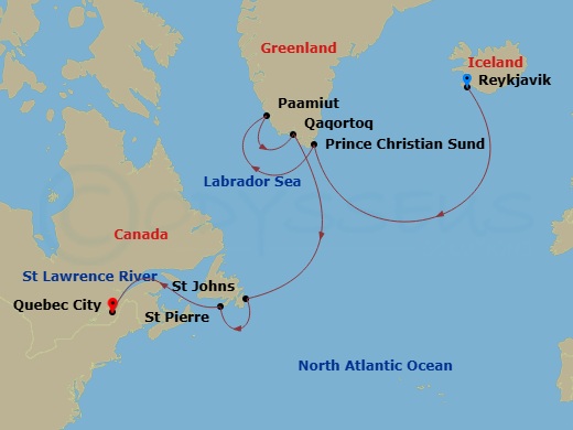 EXPLORA IV - 11 Night - A Journey Through Spectacular Waters & Nordic Coastal Contours - EXPLORA IV - Starting in Reykjavik, Sailing Prince Christian Sund, Paamiut, Qaqort.. itinerary map