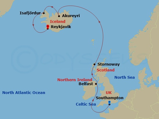 EXPLORA IV - 8 Night - A Journey of Enthralling Natural Beauty & Icelandic Wonders - EXPLORA IV - Starting in Southampton, Belfast, Stornoway (Isle of Lewis), Akureyri, Is.. itinerary map